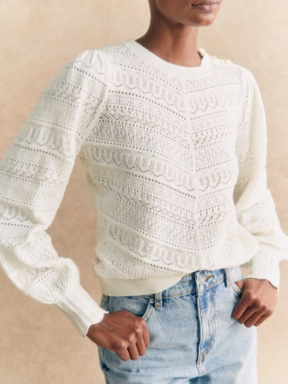 New Sezane Soline 100% Cotton Puff Sleeve Sweater White XXS